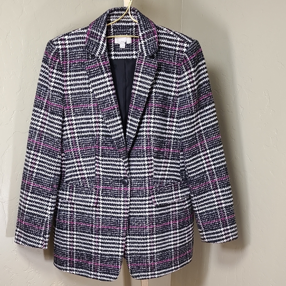 LOFT Black and Pink Plaid Blazer Size 4